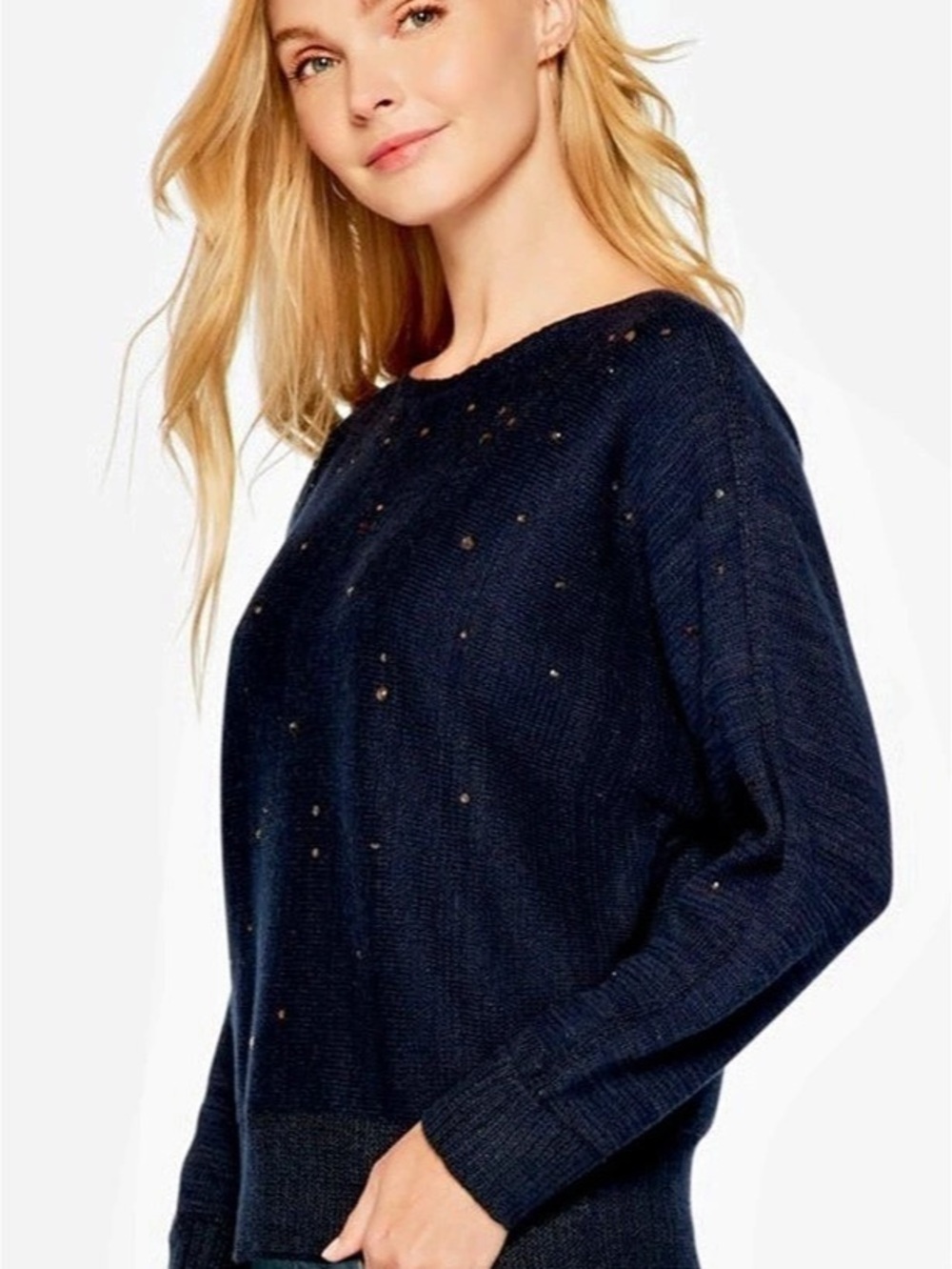 NIC+ZOE Falling Stars Sweater scattered delicate rhinestones, Black, Large, NWOT